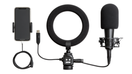 Ring light and microphone setup for video recording on a white isolated background.