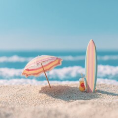Coastal serenity with surfboard cocktail and sun umbrella on sandy beach against ocean backdrop calm vacation vibe