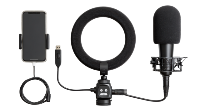Ring light and microphone setup for video recording on a white isolated background.