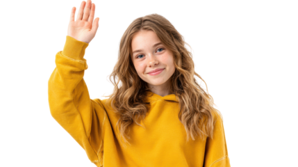 Smiling girl in a yellow hoodie waving hello, cheerful expression, positive vibes.