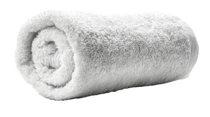 Soft and fluffy rolled white towel on a white background, perfect for spa or bathroom settings.