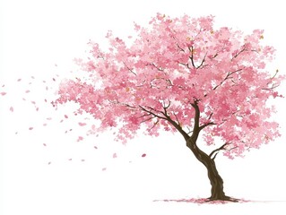 Fototapeta premium Pink Cherry Blossom Tree in Gentle Breeze Against White Background