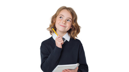 Thoughtful girl holding a notepad and pencil, contemplating ideas, isolated on white background.