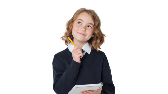 Thoughtful girl holding a notepad and pencil, contemplating ideas, isolated on white background.
