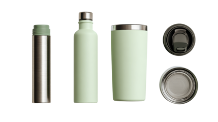 Various green reusable water bottles and containers on white isolated background.