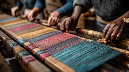 Craftsmanship in Action: Hands Weaving Colorful Textiles on Traditional Loom
