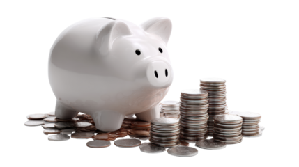 White piggy bank with coins, isolated on white background.