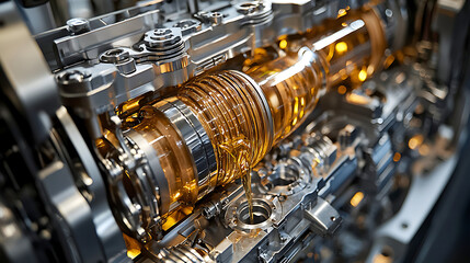 Fototapeta premium A close up of a car engine with a yellow liquid inside