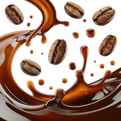 Roasted coffee beans splashing in delicious coffee isolated on transparent background