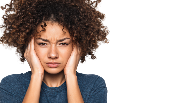 Woman expressing frustration and stress with her hands on her head, isolated on a white background.