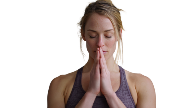 Woman practicing mindfulness with closed eyes and hands in prayer position, calming meditation pose.