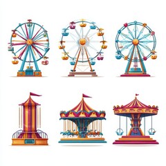 Fototapeta premium Pixel Art Amusement Park Rides Ferris Wheels and Carousels Illustration