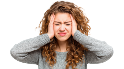 Young woman expressing frustration and stress, isolated on white background.