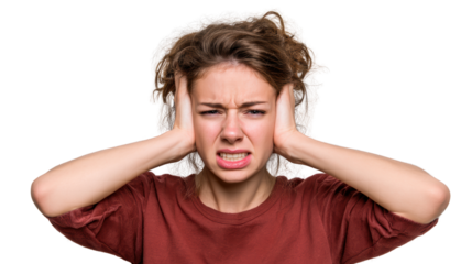 Young woman expressing frustration and stress while covering her ears, isolated on a white background.