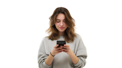 Young woman interacting with smartphone, casual look, isolated on white background.
