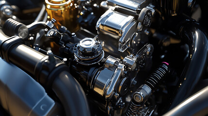 A close up of a car engine with a gold colored cap