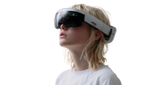 Young woman wearing VR headset, isolated on white background, exploring virtual reality.