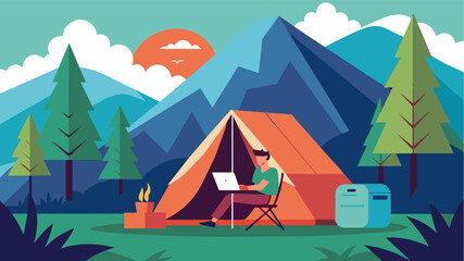 The convenience of working remotely from the comfort of a luxurious and wellappointed tent nestled in the heart of nature.. Vector illustration
