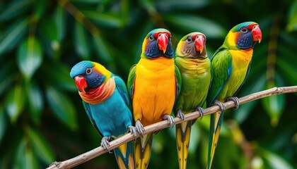 Four colorful rose-ringed parakeets perched on a branch