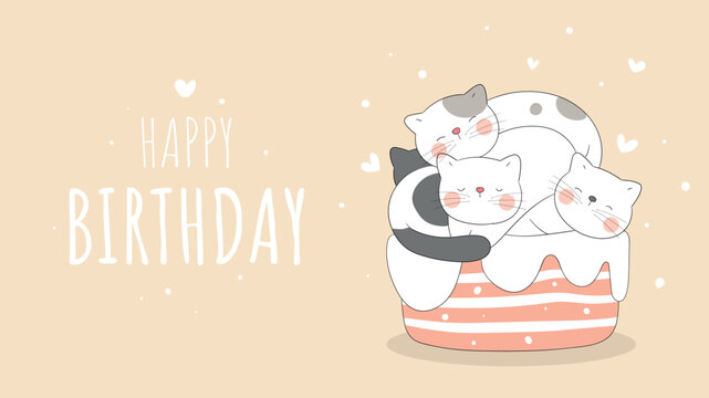 Birthday greeting card featuring three cats nestled in a cake - Powered by Adobe