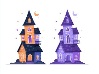 Fototapeta premium Pixel Art Haunted Houses Orange and Purple Halloween Homes Under Crescent Moon