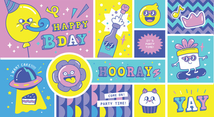 Colorful collage featuring quirky cartoon images  phrases Happy BDAY HOORAY  a cupcake