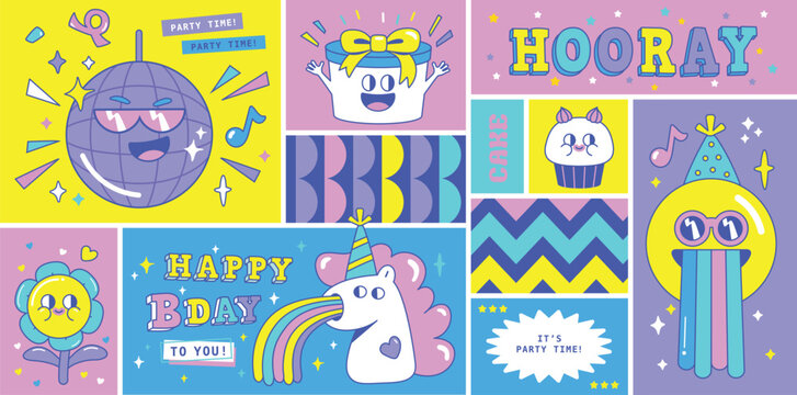 Colorful cartoon birthday card with disco ball presents unicorn cupcakes flower and emoji - Powered by Adobe
