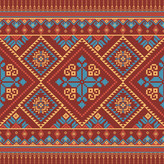 Geometric Thai Fabric with Red and Blue Pattern