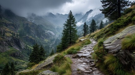 Obraz premium Scenic Rocky Mountain Trail with Lush Greenery and Dramatic Cloudy Sky