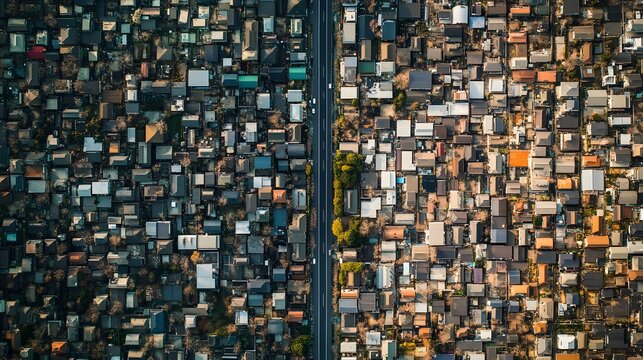 View from above showing contrasts between skyscrapers and older homes in Tokyo - Powered by Adobe