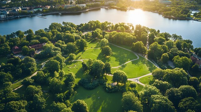 Drone view of Stockholm&rsquo;s parks and green spaces in summer