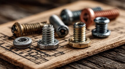 Close-Up of Various Metal Screws and Fasteners on Wooden Surface