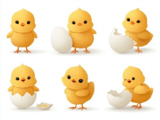 Fototapeta premium Six Adorable Yellow Fluffy Chicks Hatching from Eggs on White Background