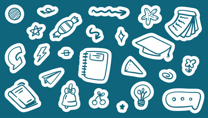 School themed sticker pack with hand drawn elements. Features school supplies, glasses, chalkboard, and stationery in bright colors. Fun vector set for kids projects or digital planners.