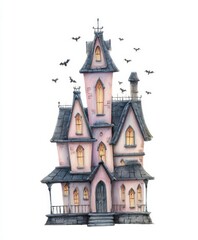 Obraz premium Spooky Pink and Gray Victorian Haunted House Illustration with Bats