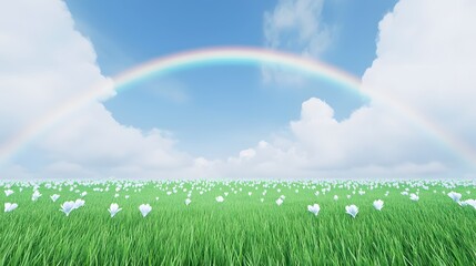 Naklejka premium Serene Rainbow Over Flower Field, Peaceful Landscape