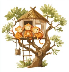 Naklejka premium Three Brown Monkeys on a Treetop Playhouse