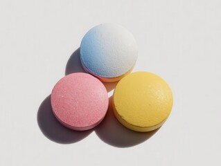 Three Colorful Round Pills on White Background