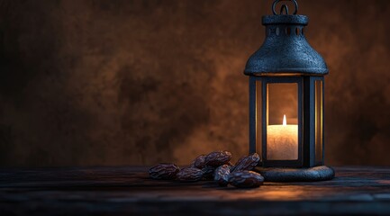 Dark-toned still life with lantern and dates