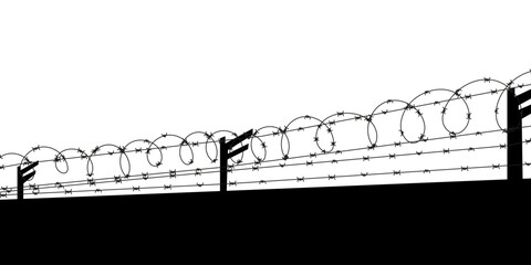 Barbed wire fence silhouette. Vector illustration of security barrier for prison, military zone, or danger area. Sharp metal protection border on white background.