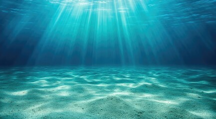 Fototapeta premium Sunlight beams through turquoise ocean water, illuminating sandy ocean floor
