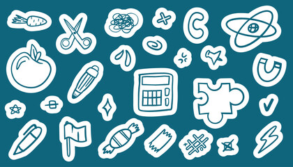 Back to school sticker set with hand drawn books, pencils, apples, and school buses. Fun vector illustrations suitable for kids’ journals, planners, or educational projects.