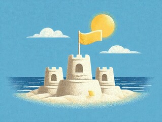 Whimsical Sandcastle Beach Scene Illustration