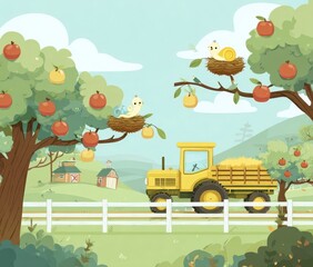 Whimsical Pixel Farm Scene with Birds and Tractor