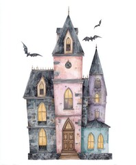 Whimsical Watercolor Gothic House with Bats