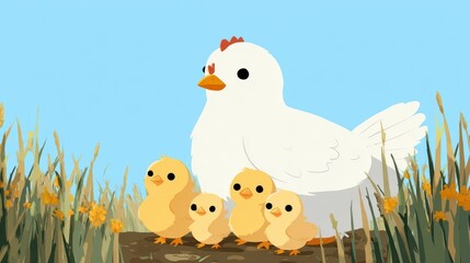 White Hen and Three Yellow Chicks in Pixel Art Style
