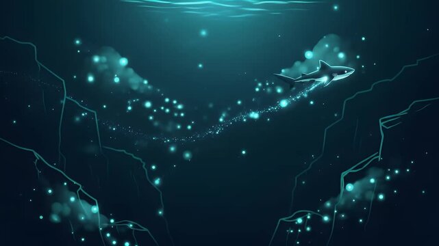 Glowing baby shark swimming through dark ocean background with light trails