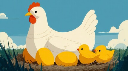 White Hen with Yellow Chicks and Eggs in Nest, Pixel Art Illustration