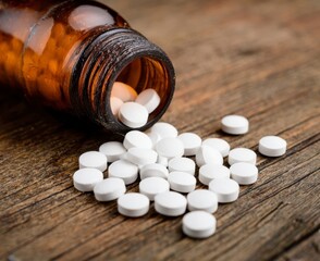 White Pills Spilled from Amber Bottle on Rustic Wood