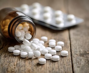 White Pills Spilled from Amber Bottle on Rustic Wood